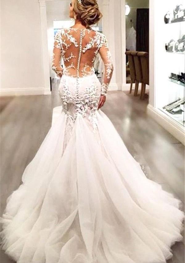 Tulle Sweep Train Trumpet/Mermaid Long Sleeve V-Neck Covered Button Wedding Dresses / Gowns With Appliqued