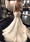 Tulle Sweep Train Trumpet/Mermaid Long Sleeve V-Neck Covered Button Wedding Dresses / Gowns With Appliqued