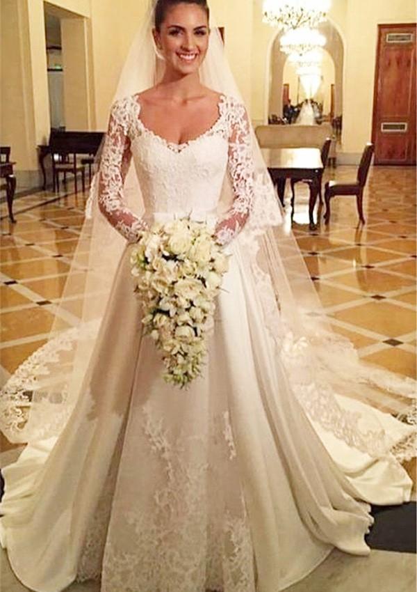 Satin Court Train A-Line/Princess Long Sleeve Bateau Covered Button Wedding Dresses / Gowns With Appliqued