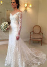 Tulle Court Train Sheath/Column Long Sleeve Off-The-Shoulder Covered Button Wedding Dresses / Gowns With Appliqued