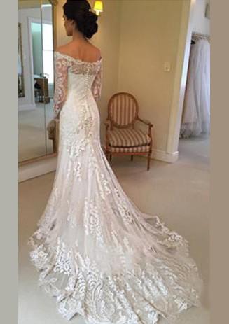 Tulle Court Train Sheath/Column Long Sleeve Off-The-Shoulder Covered Button Wedding Dresses / Gowns With Appliqued