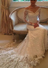 Tulle Court Train Sheath/Column Long Sleeve Off-The-Shoulder Covered Button Wedding Dresses / Gowns With Appliqued