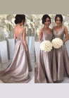 Satin Sweep Train A-Line/Princess Sleeveless V-Neck Zipper Bridesmaid Dresses / Gowns