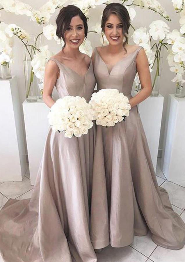 Satin Sweep Train A-Line/Princess Sleeveless V-Neck Zipper Bridesmaid Dresses / Gowns